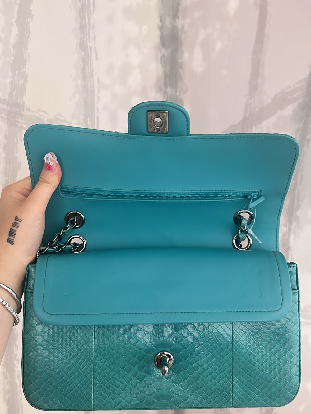 CHANEL Teal Python Double Flap Shoulder Bag - Picture 2 of 3